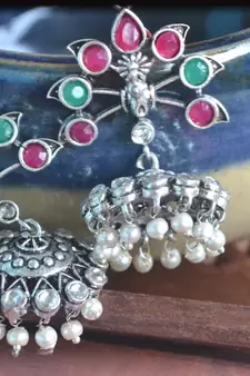 Multicolor pearl jhumkas Silver onyx danglers-drops Stud Earrings