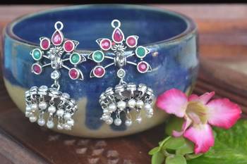 Silver onyx danglers-drops pearl Jhumka Stud Earrings 1
