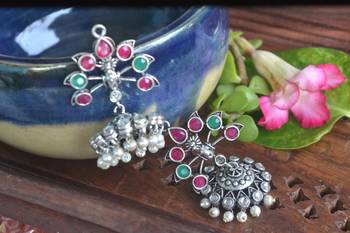 Silver onyx danglers-drops pearl Jhumka Stud Earrings 2