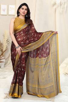 Maroon printed chiffon saree with blouse