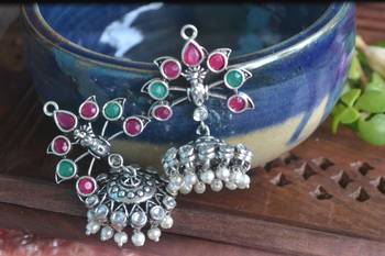 Silver onyx danglers-drops pearl Jhumka Stud Earrings 3