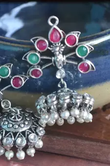 Silver onyx danglers-drops pearl Jhumka Stud Earrings