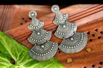 Silver Layered Long Tribal Earrings Engraved Floral Motif studs 1