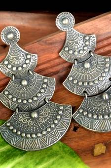 Silver Layered Long Tribal Earrings Engraved Floral Motif studs
