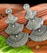 Silver Layered Long Tribal Earrings Engraved Floral Motif studs