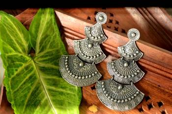 Silver Layered Long Tribal Earrings Engraved Floral Motif studs 2