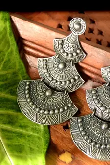 Silver Layered Long Tribal Earrings Engraved Floral Motif studs