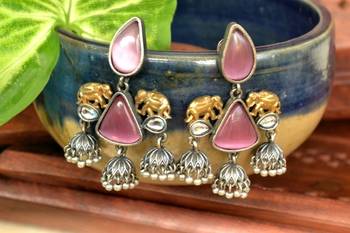Pink onyx Semi Precious Elephant motif oxidised jhumkas stud bridal earrings 1