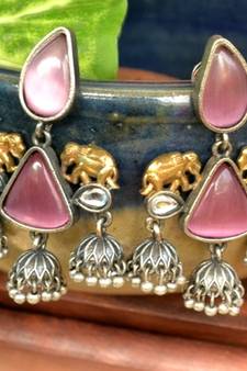 Pink onyx Semi Precious Elephant motif oxidised jhumkas stud bridal earrings