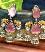 Pink onyx Semi Precious Elephant motif oxidised jhumkas stud bridal earrings