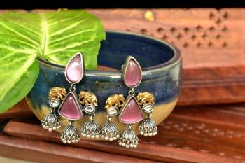 Pink onyx Semi Precious Elephant motif oxidised jhumkas stud bridal earrings 2