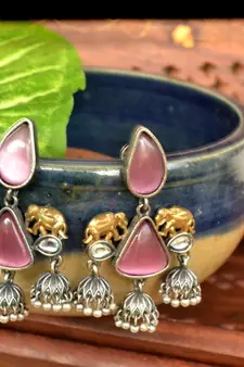 Pink onyx Semi Precious Elephant motif oxidised jhumkas stud bridal earrings