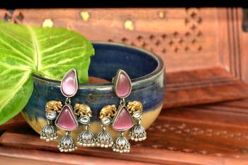 Pink onyx Semi Precious Elephant motif oxidised jhumkas stud bridal earrings 3
