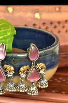 Pink onyx Semi Precious Elephant motif oxidised jhumkas stud bridal earrings
