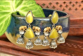 Yellow onyx Semi Precious Elephant motif oxidised jhumkas stud bridal earrings 1