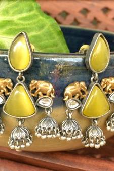 Yellow onyx Semi Precious Elephant motif oxidised jhumkas stud bridal earrings
