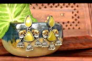 Yellow onyx Semi Precious Elephant motif oxidised jhumkas stud bridal earrings 2