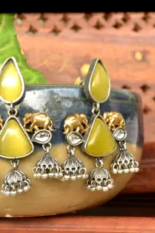 Yellow onyx Semi Precious Elephant motif oxidised jhumkas stud bridal earrings