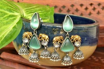 Green onyx Semi Precious Elephant motif oxidised jhumkas stud bridal earrings 1