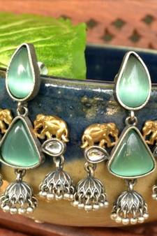 Green onyx Semi Precious Elephant motif oxidised jhumkas stud bridal earrings