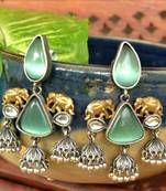 Green onyx Semi Precious Elephant motif oxidised jhumkas stud bridal earrings