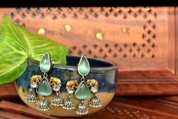 Green onyx Semi Precious Elephant motif oxidised jhumkas stud bridal earrings 2