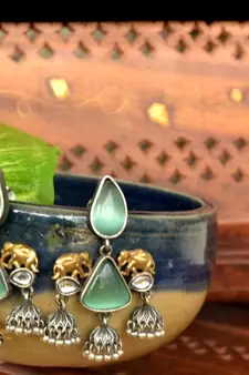 Green onyx Semi Precious Elephant motif oxidised jhumkas stud bridal earrings