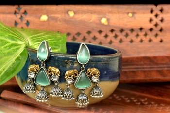 Green onyx Semi Precious Elephant motif oxidised jhumkas stud bridal earrings 3