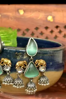 Green onyx Semi Precious Elephant motif oxidised jhumkas stud bridal earrings