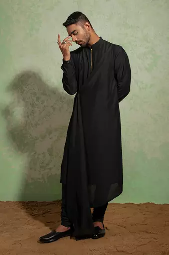 Black Kashmiri Drape Kurta Set