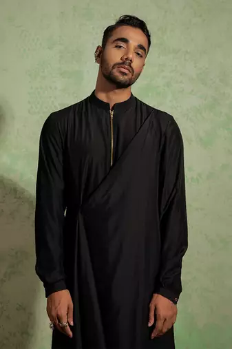Black Kashmiri Drape Kurta Set