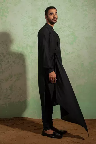 Black Kashmiri Drape Kurta Set