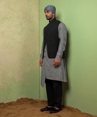 Black And Grey Linen Jacket With Kurta Set 2
