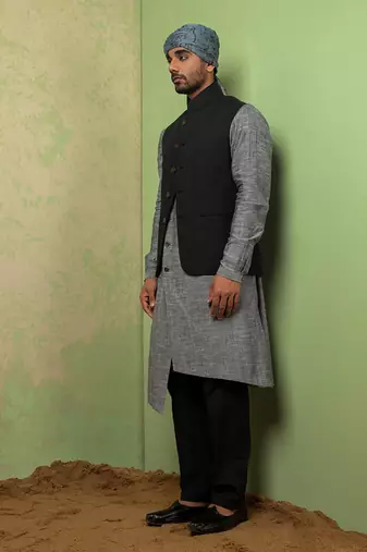 Black And Grey Linen Jacket With Kurta Set