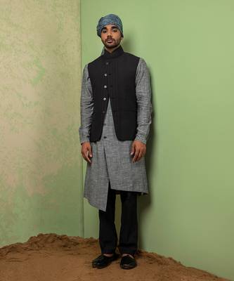 Black And Grey Linen Jacket With Kurta Set 3