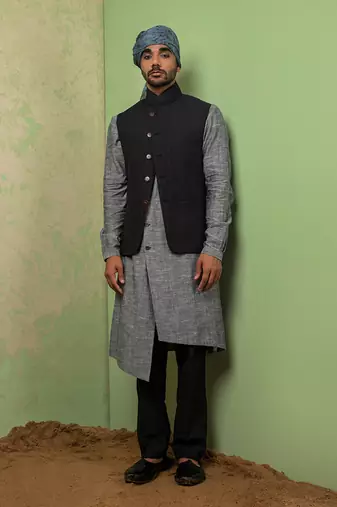 Black And Grey Linen Jacket With Kurta Set