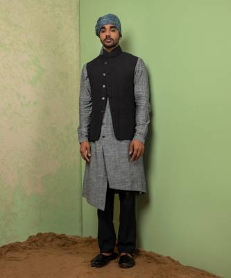 Black And Grey Linen Jacket With Kurta Set 1
