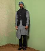 Black And Grey Linen Jacket With Kurta Set