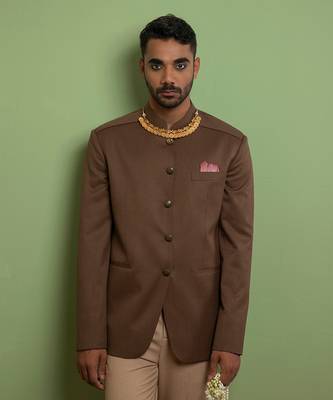 Faded Brown Classic Bandhgala With Pleated Shoulder 2