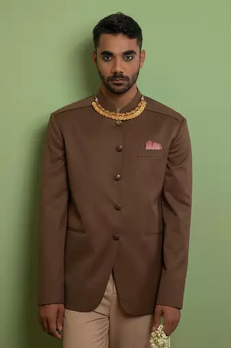 Faded Brown Classic Bandhgala With Pleated Shoulder