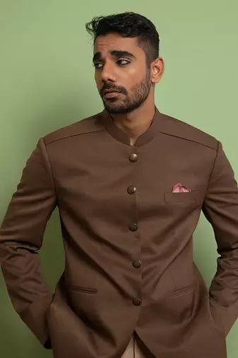 Faded Brown Classic Bandhgala With Pleated Shoulder