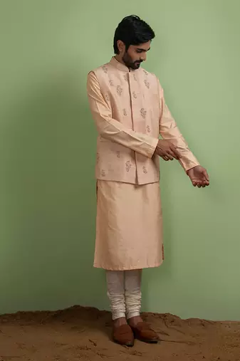Blush Pink Floral Embroidey Nehru Jacket Set