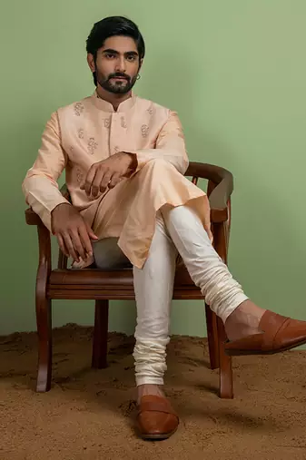 Blush Pink Floral Embroidey Nehru Jacket Set