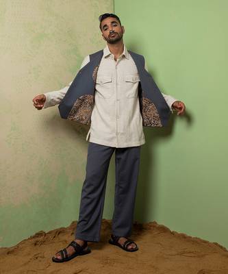 Grey And Blue Linen Jacket Set 1