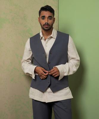 Grey And Blue Linen Jacket Set 2