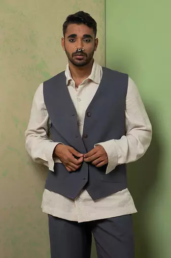 Grey And Blue Linen Jacket Set