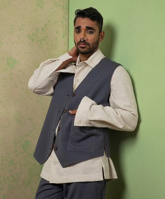 Grey And Blue Linen Jacket Set 3