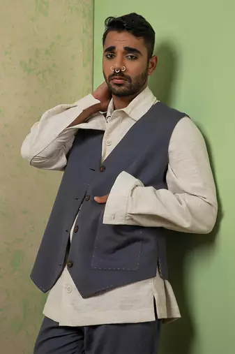 Grey And Blue Linen Jacket Set