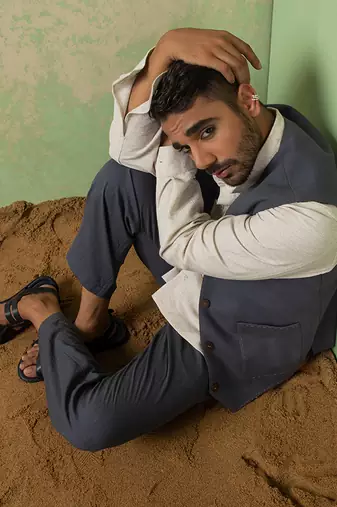 Grey And Blue Linen Jacket Set