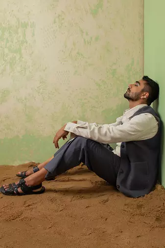 Grey And Blue Linen Jacket Set